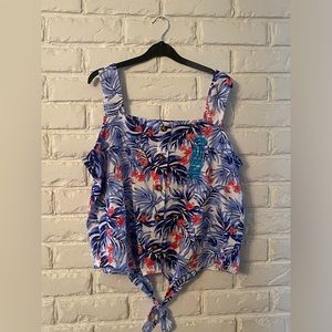 NWT Caribbean Joe tank top tropical 
faux buttons and tie bottom